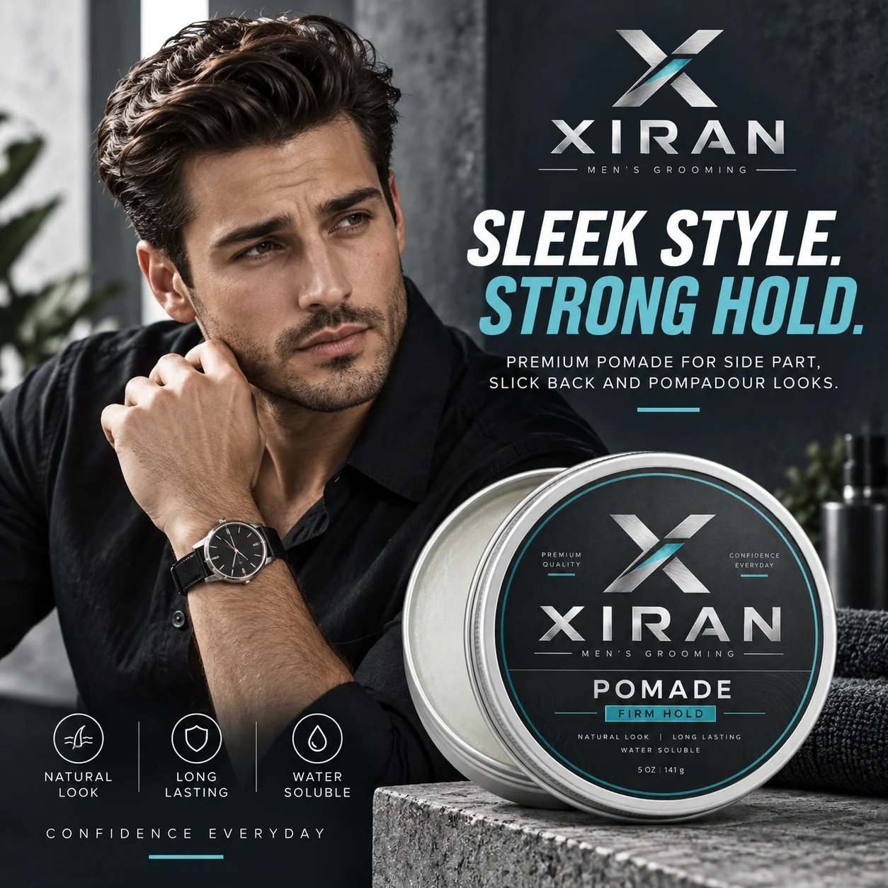 Man with styled hair wearing a black shirt and watch, seated next to a tin of Xiran men's grooming pomade for firm hold.